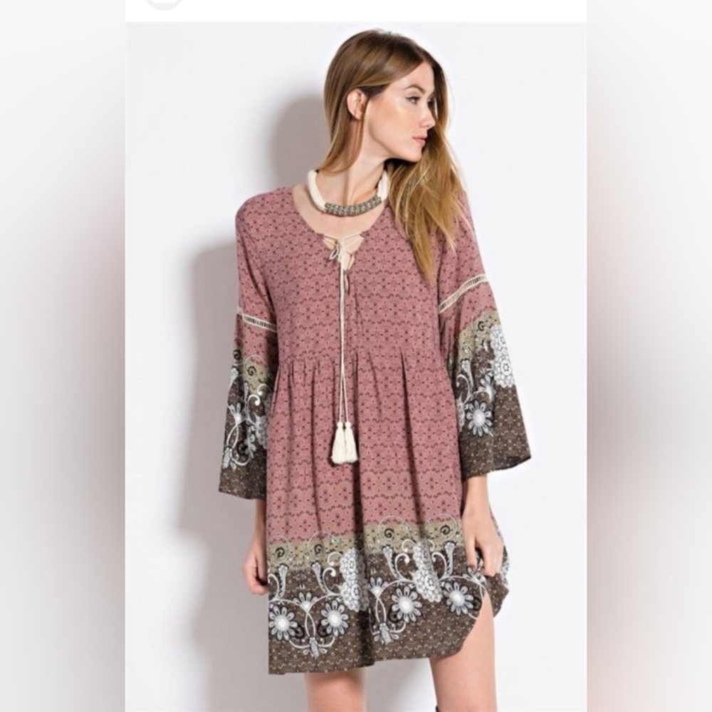 Easel Womens Tunic Dress Floral Scoop Neck 3/4 Flare Sleeve Boho M